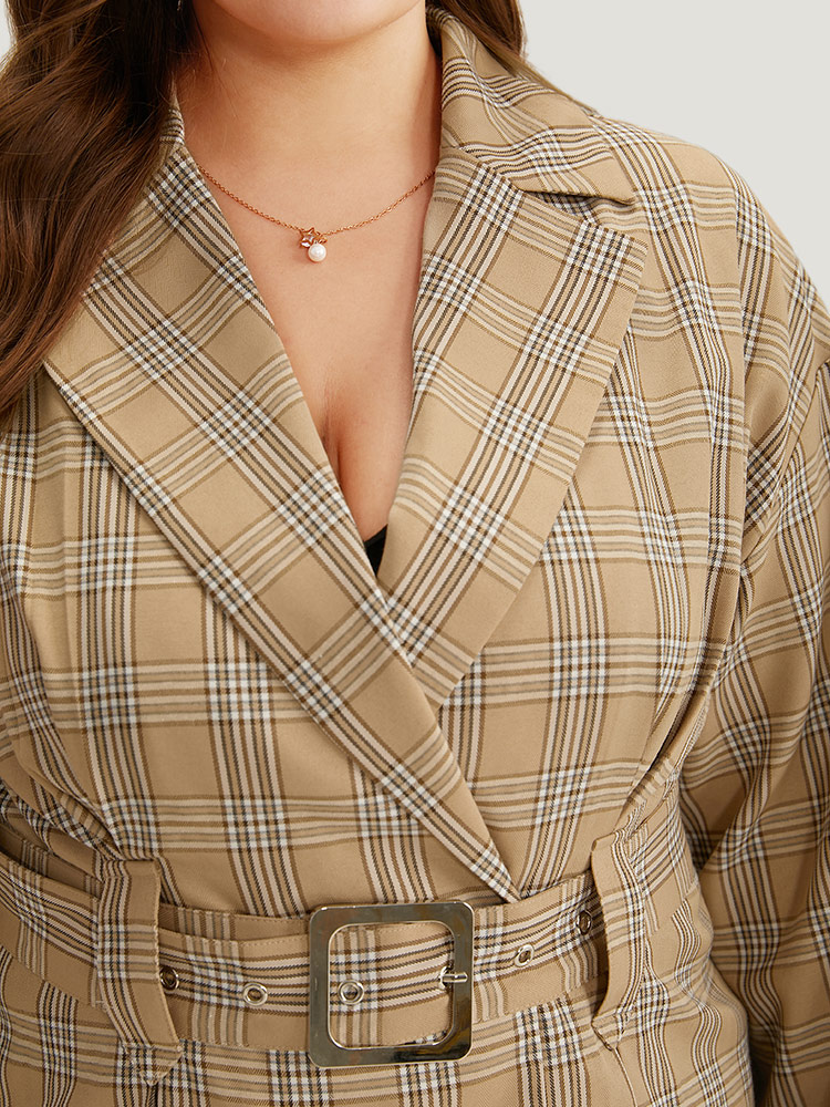 

Plus Size Plaid Metal Buckle Detail Pleated Coat Women Tan Casual Belted Ladies Dailywear Winter Coats BloomChic