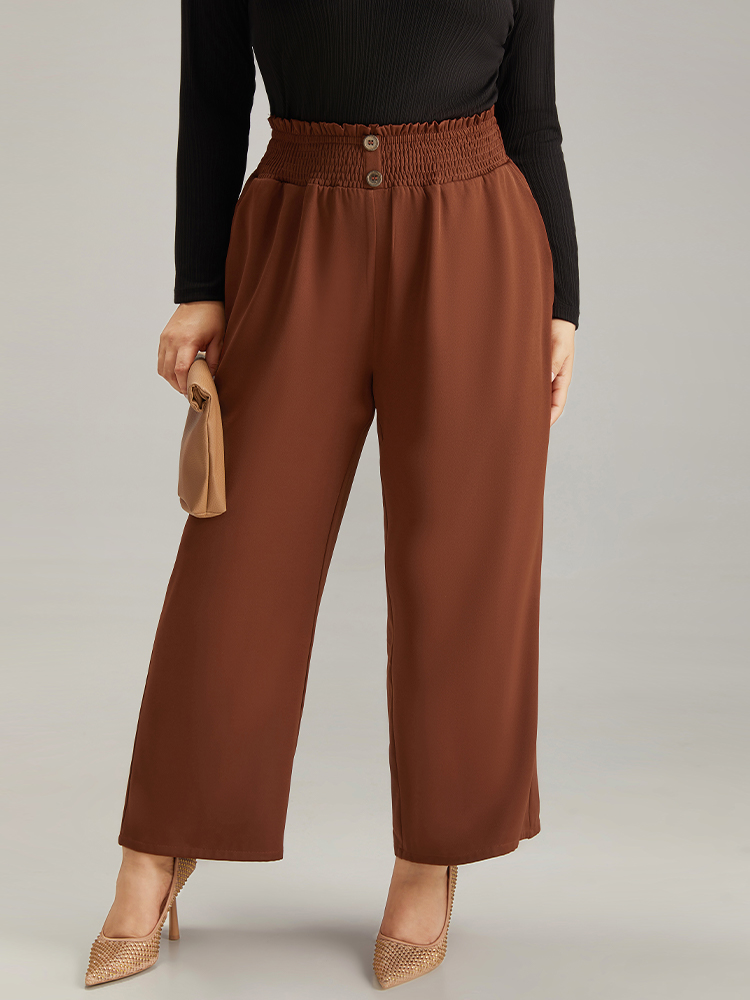 

Plus Size Paperbag Waist Button Detail Shirred Pants Women Rust Office Wide Leg High Rise Work Pants BloomChic