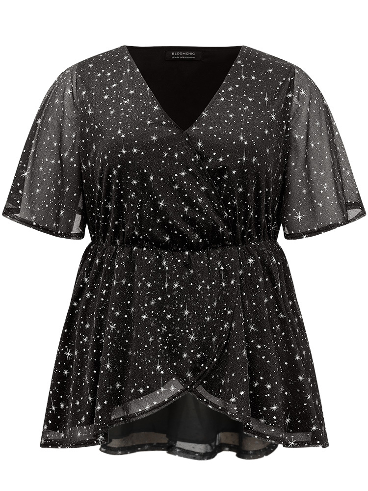 Plus Size Women Festival-Halloween Moon and Star Lined Ruffle Sleeve Short sleeve V-neck Elegant Blouses BloomChic 
