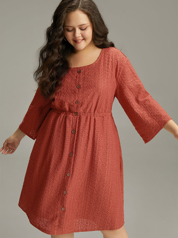 

Plus Size Broderie Anglaise Button Through Pocket Dress Rust Women Casual Texture Round Neck Long Sleeve Curvy Knee Dress BloomChic