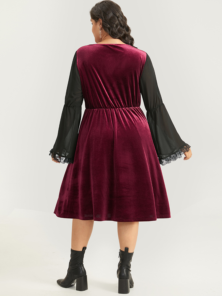 Plus Size Women Festival-Halloween Plain Pleated Bell Sleeve Long Sleeve Square Neck Pocket Elegant Dresses BloomChic 