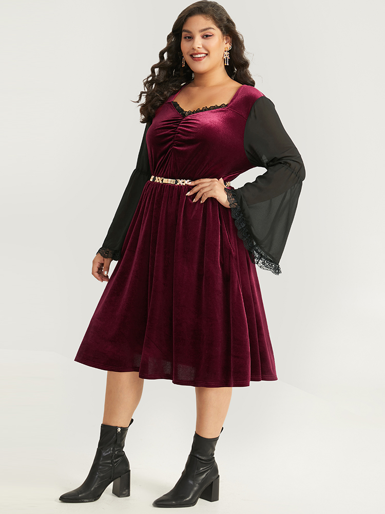 Plus Size Women Festival-Halloween Plain Pleated Bell Sleeve Long Sleeve Square Neck Pocket Elegant Dresses BloomChic 