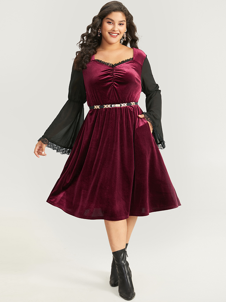 Plus Size Women Festival-Halloween Plain Pleated Bell Sleeve Long Sleeve Square Neck Pocket Elegant Dresses BloomChic 