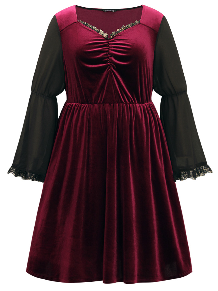 Plus Size Women Festival-Halloween Plain Pleated Bell Sleeve Long Sleeve Square Neck Pocket Elegant Dresses BloomChic 