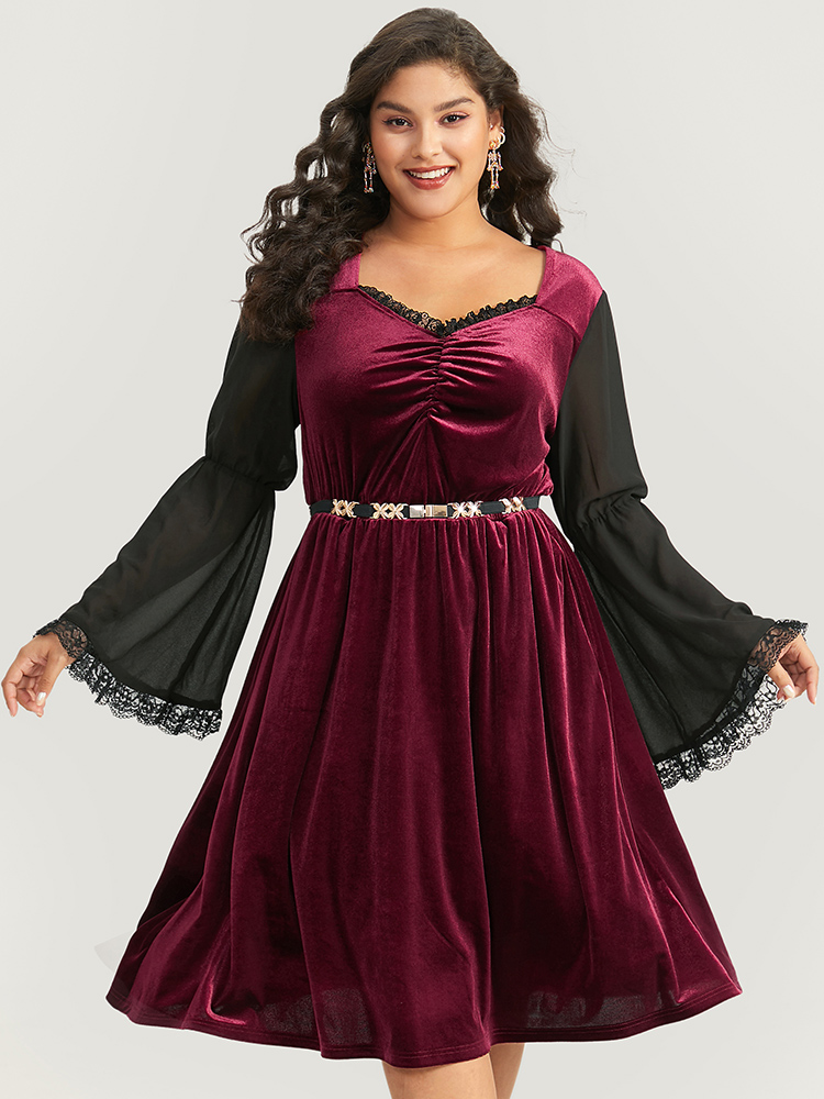 Plus Size Women Festival-Halloween Plain Pleated Bell Sleeve Long Sleeve Square Neck Pocket Elegant Dresses BloomChic 
