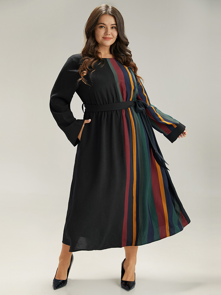 Plus Size Women Work Striped Belted Regular Sleeve Long Sleeve Round Neck Pocket Belt Office Dresses BloomChic 
