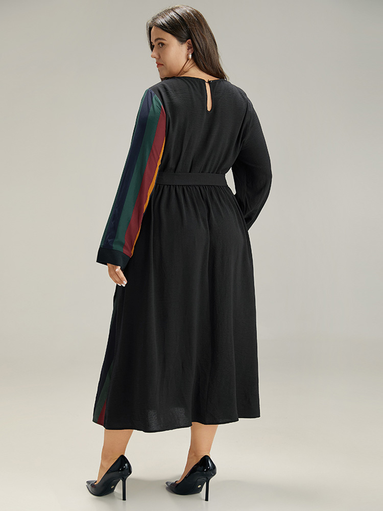 Plus Size Women Work Striped Belted Regular Sleeve Long Sleeve Round Neck Pocket Belt Office Dresses BloomChic 