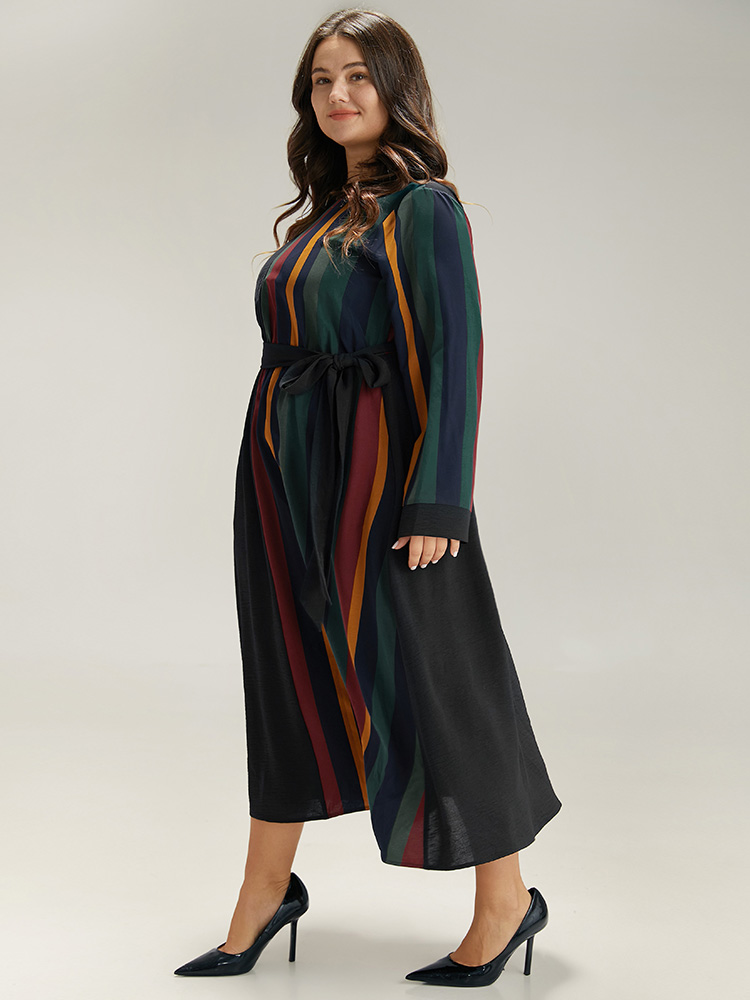 Plus Size Women Work Striped Belted Regular Sleeve Long Sleeve Round Neck Pocket Belt Office Dresses BloomChic 
