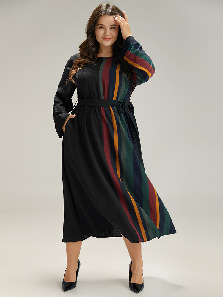 Plus Size Women Work Striped Belted Regular Sleeve Long Sleeve Round Neck Pocket Belt Office Dresses BloomChic 