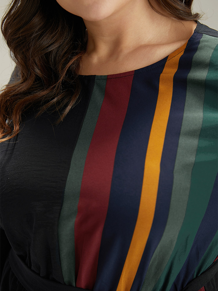 Plus Size Women Work Striped Belted Regular Sleeve Long Sleeve Round Neck Pocket Belt Office Dresses BloomChic 