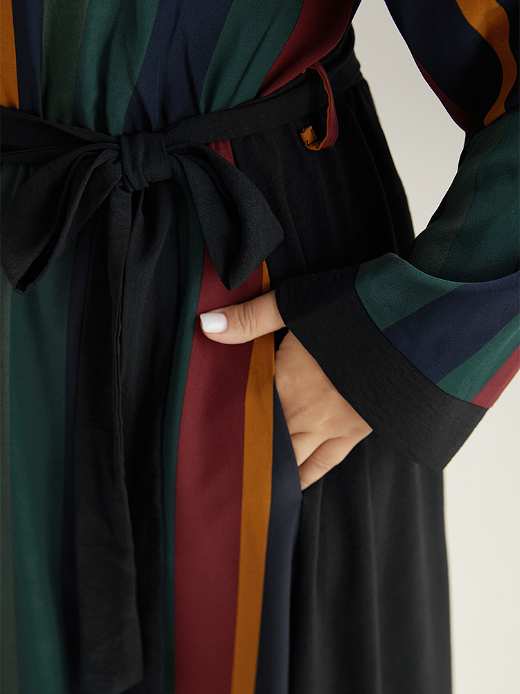 Plus Size Women Work Striped Belted Regular Sleeve Long Sleeve Round Neck Pocket Belt Office Dresses BloomChic 