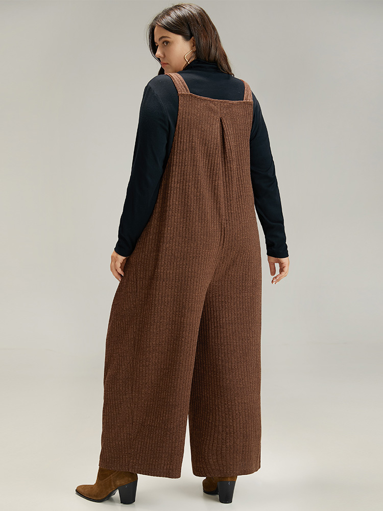 Plus Size DarkBrown Solid Pocket Pleated Adjustable Straps Jumpsuit Women Casual Sleeveless Spaghetti Strap Dailywear Loose Jumpsuits BloomChic 18-20/2X 