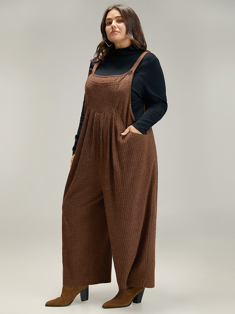 Plus Size DarkBrown Solid Pocket Pleated Adjustable Straps Jumpsuit Women Casual Sleeveless Spaghetti Strap Dailywear Loose Jumpsuits BloomChic 18-20/2X 