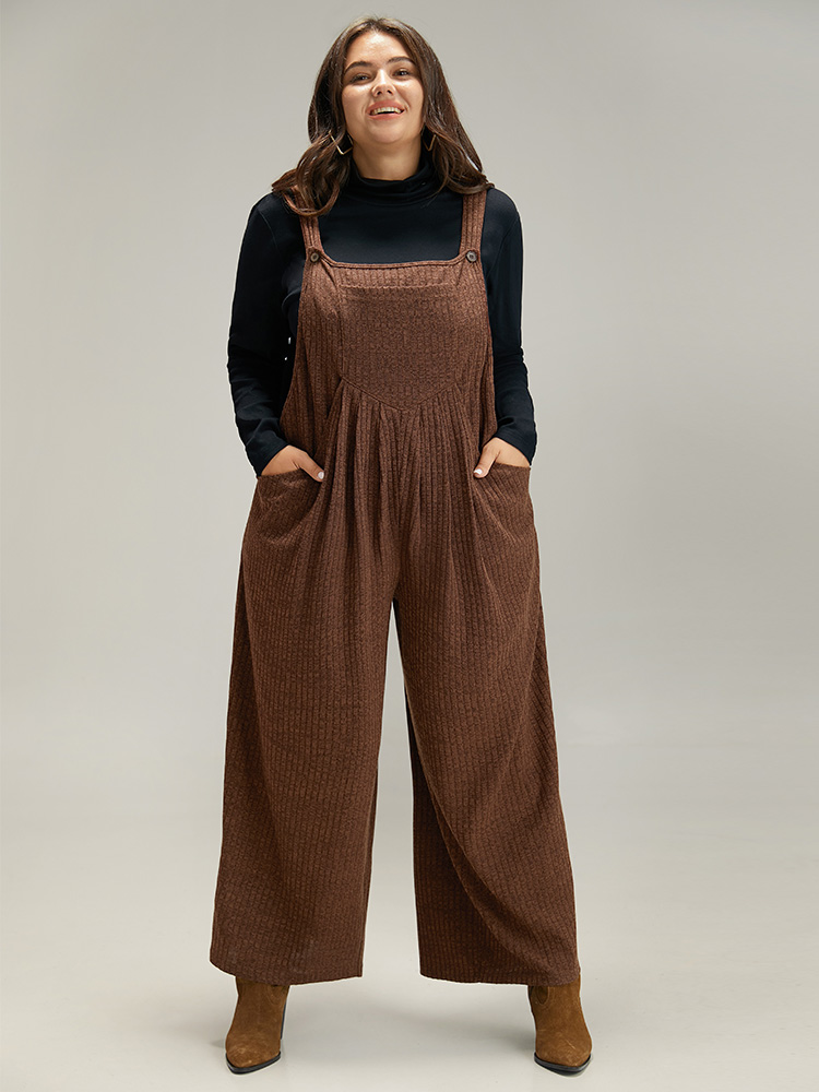 Plus Size DarkBrown Solid Pocket Pleated Adjustable Straps Jumpsuit Women Casual Sleeveless Spaghetti Strap Dailywear Loose Jumpsuits BloomChic 18-20/2X 