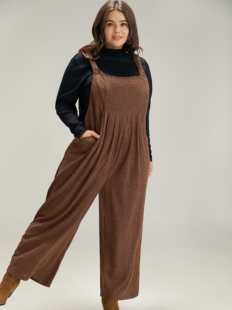 Plus Size DarkBrown Solid Pocket Pleated Adjustable Straps Jumpsuit Women Casual Sleeveless Spaghetti Strap Dailywear Loose Jumpsuits BloomChic 18-20/2X 
