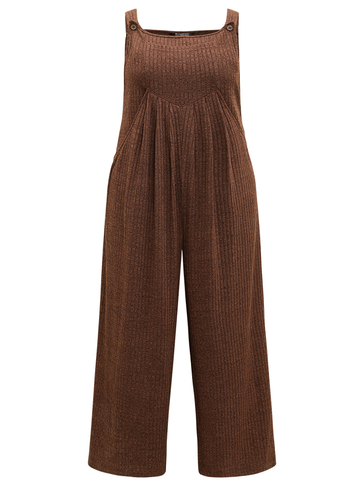 Plus Size DarkBrown Solid Pocket Pleated Adjustable Straps Jumpsuit Women Casual Sleeveless Spaghetti Strap Dailywear Loose Jumpsuits BloomChic 18-20/2X 