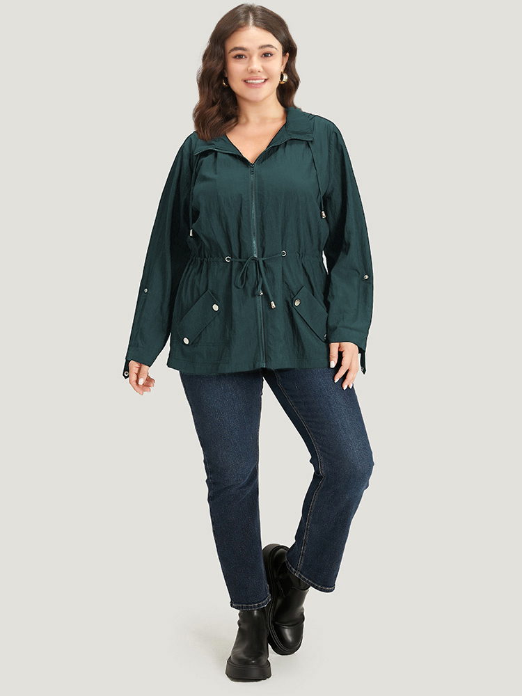 

Plus Size Plain Hooded Zipper Drawstring Tab Sleeve Coat Women Cyan Plain Pocket Everyday Jackets BloomChic