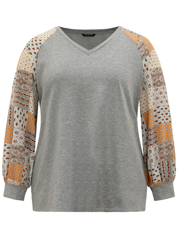 Plus Size Women Festival-Halloween Bohemian Print Elastic cuffs Regular Raglan sleeve Long Sleeve V-neck Casual Sweatshirts BloomChic 