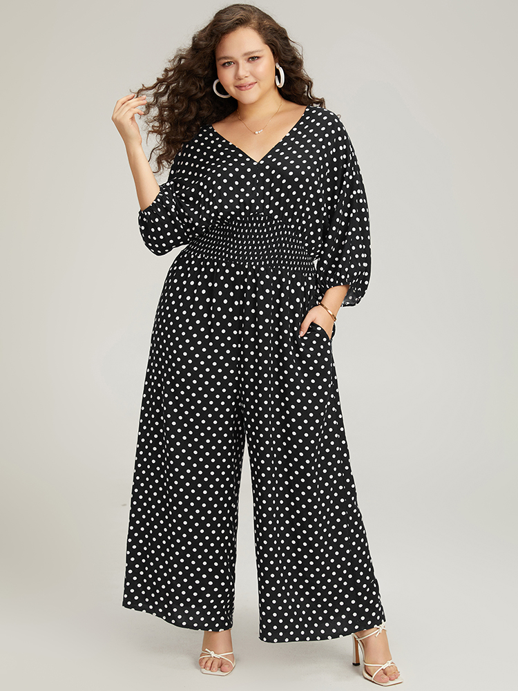 

Plus Size Black Polka Dot V Neck Knot Backless Lantern Sleeve Jumpsuit Women Elegant Elbow-length sleeve V-neck Dailywear Loose Jumpsuits BloomChic