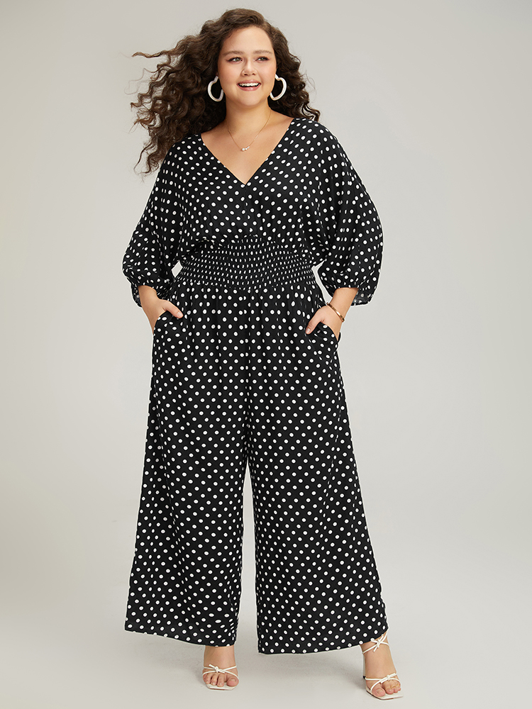 

Plus Size Black Polka Dot V Neck Knot Backless Lantern Sleeve Jumpsuit Women Elegant Elbow-length sleeve V-neck Dailywear Loose Jumpsuits BloomChic