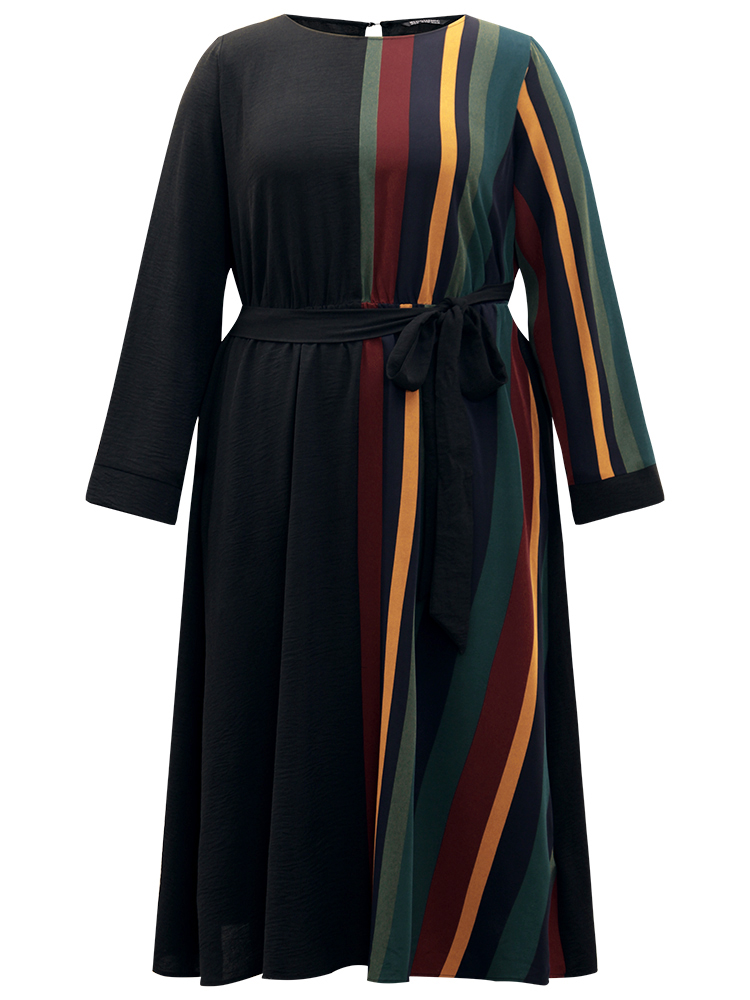 Plus Size Women Work Striped Belted Regular Sleeve Long Sleeve Round Neck Pocket Belt Office Dresses BloomChic 