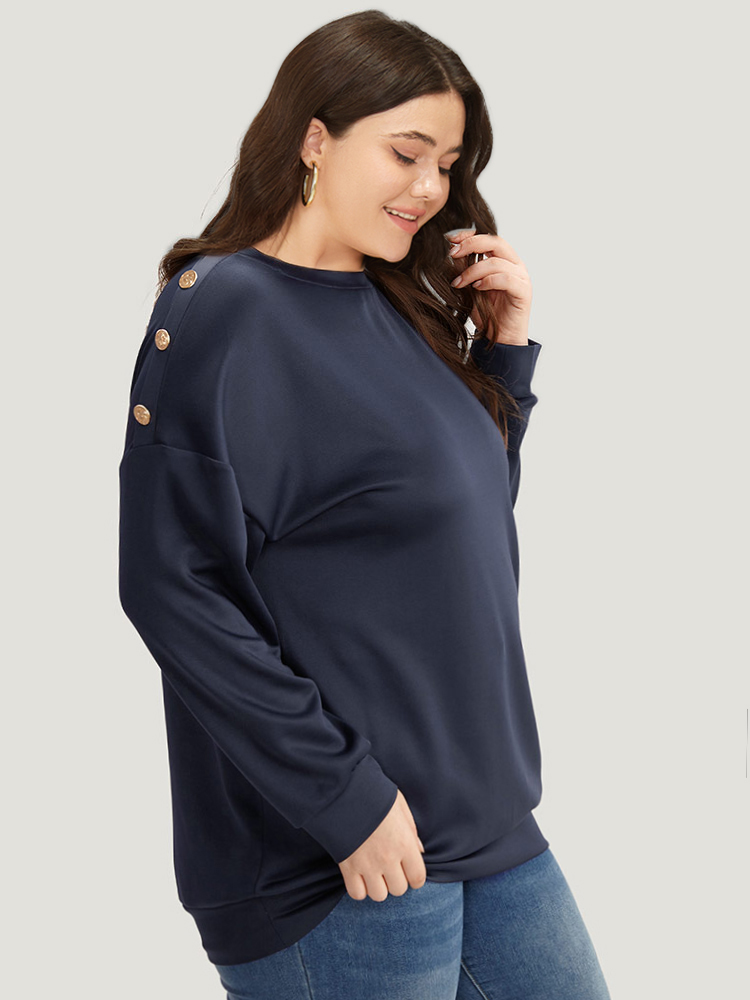 

Plus Size Solid Button Detail Patchwork Sweatshirt Women Indigo Casual Elastic cuffs Round Neck Dailywear Sweatshirts BloomChic