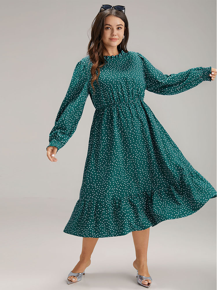 

Plus Size Polka Dot Mock Neck Shirred Dress DarkGreen Women Elegant Printed Mock Neck Long Sleeve Curvy Midi Dress BloomChic