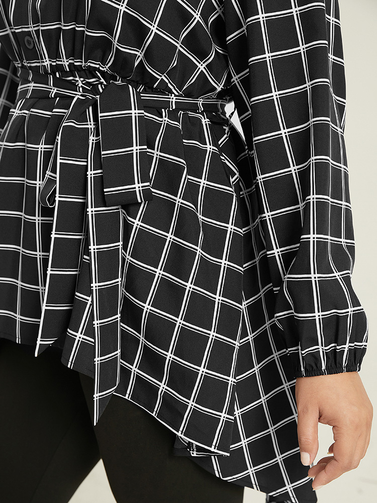 

Plus Size Black Plaid Button Up Belted High Low Hem Blouse Women Office Long Sleeve Shirt collar Work Blouses BloomChic