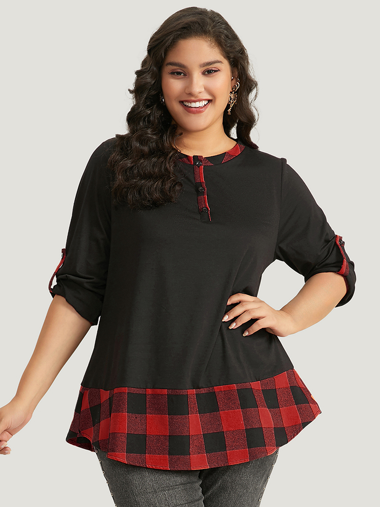 

Plus Size Halloween Gingham Patchwork Notched Button Up Arc Hem T-shirt Red Women Casual Contrast Plaid Round Neck Festival-Halloween T-shirts BloomChic