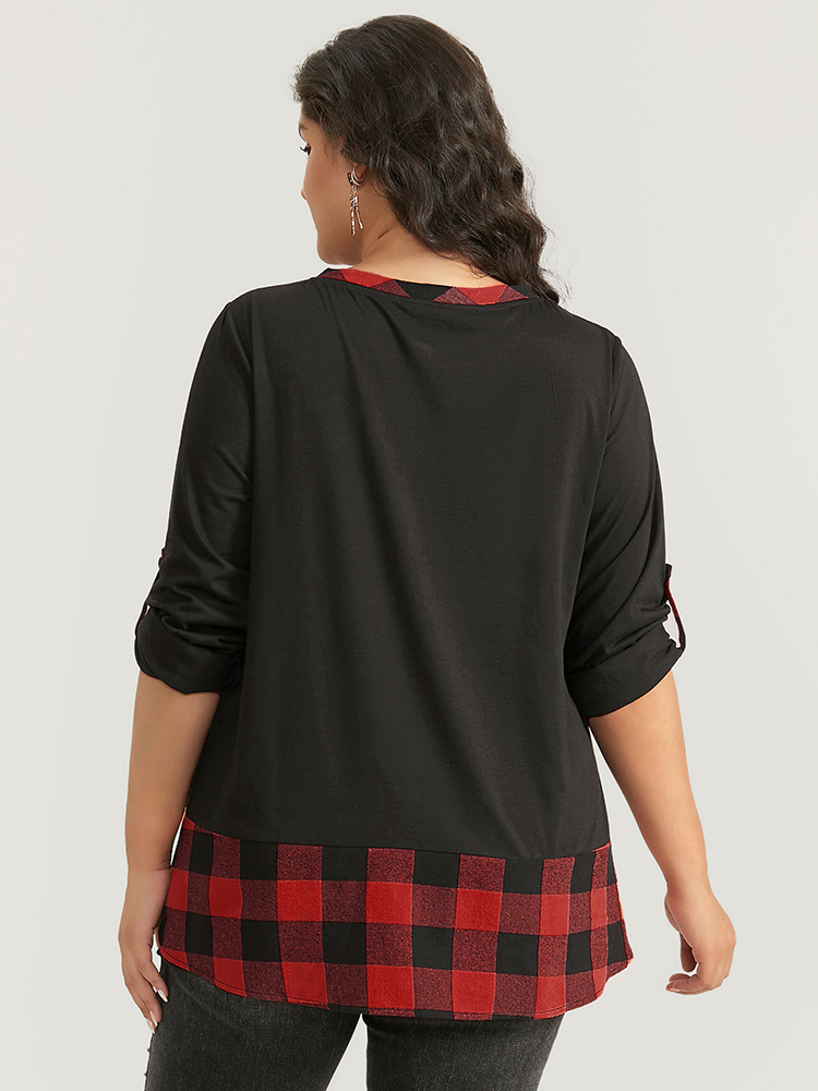 Plus Size Halloween Gingham Patchwork Notched Button Up Arc Hem T-shirt Red Women Casual Contrast Plaid Round Neck Festival-Halloween T-shirts BloomChic 22-24/3X 