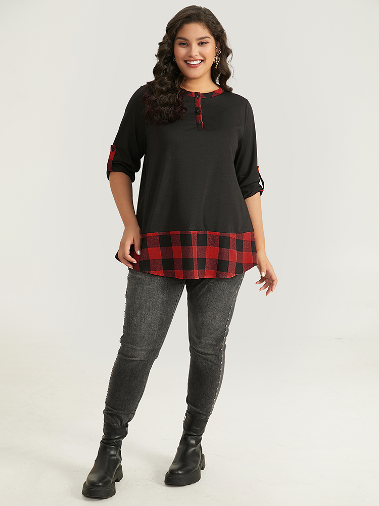 Plus Size Halloween Gingham Patchwork Notched Button Up Arc Hem T-shirt Red Women Casual Contrast Plaid Round Neck Festival-Halloween T-shirts BloomChic 22-24/3X 
