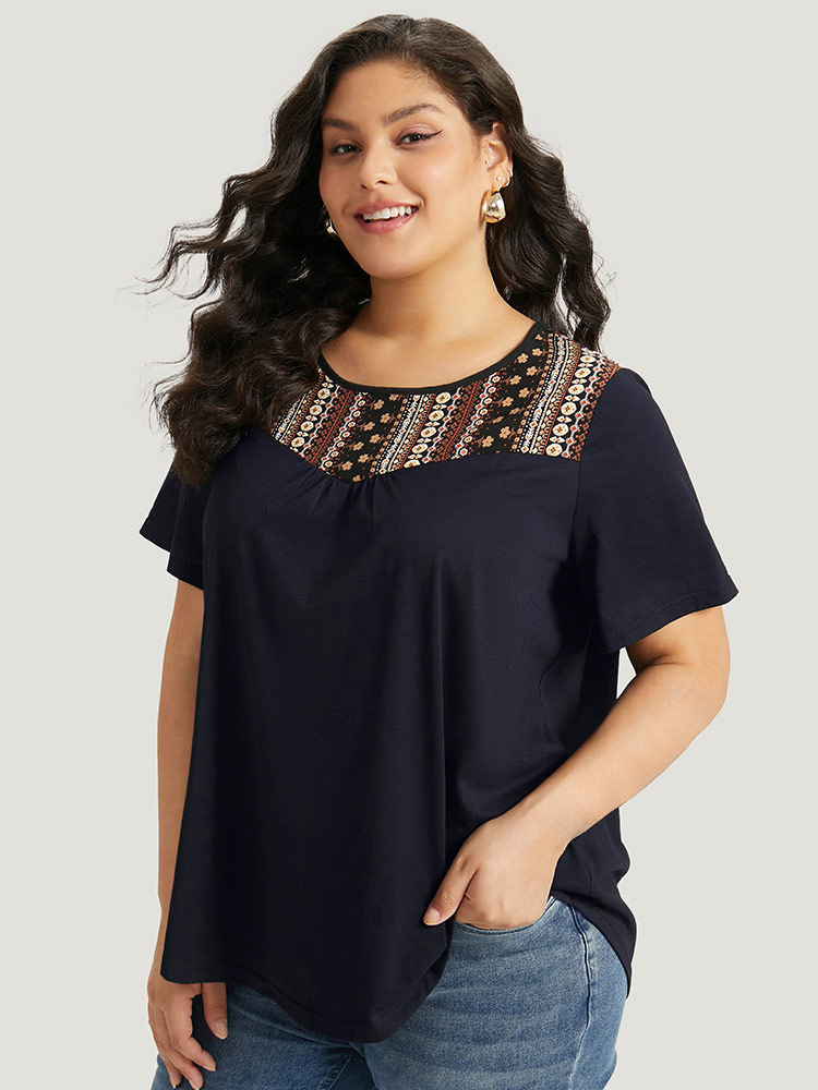 Plus Size Bandana Striped Patchwork Gathered T-shirt Midnight Women Elegant Printed Bohemian Print Round Neck Dailywear T-shirts BloomChic 14-16/1X 