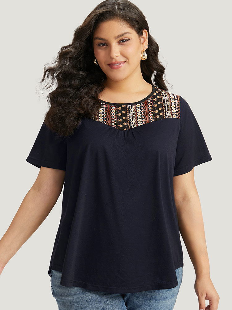 

Plus Size Bandana Striped Patchwork Gathered T-shirt Midnight Women Elegant Printed Bohemian Print Round Neck Dailywear T-shirts BloomChic