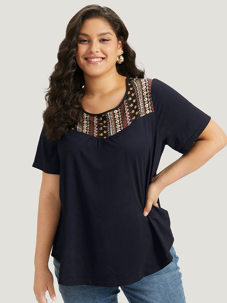 Plus Size Bandana Striped Patchwork Gathered T-shirt Midnight Women Elegant Printed Bohemian Print Round Neck Dailywear T-shirts BloomChic 14-16/1X 