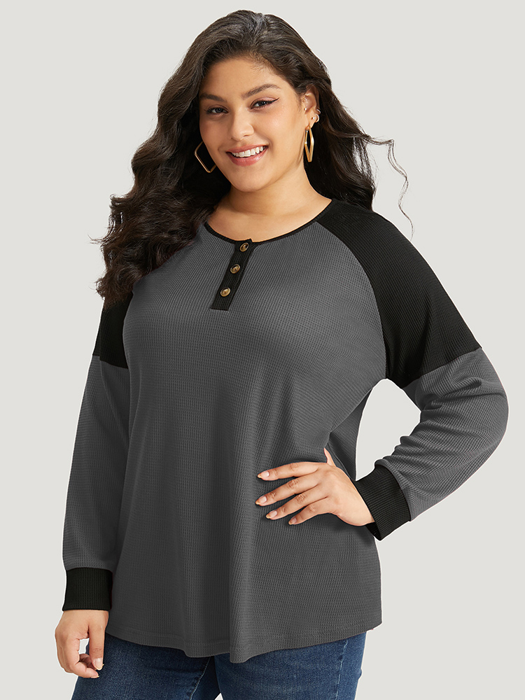 

Plus Size Waffle Knit Two Tone Raglan Sleeve T-shirt Gray Women Casual Elastic cuffs Plain Open Front Dailywear T-shirts BloomChic