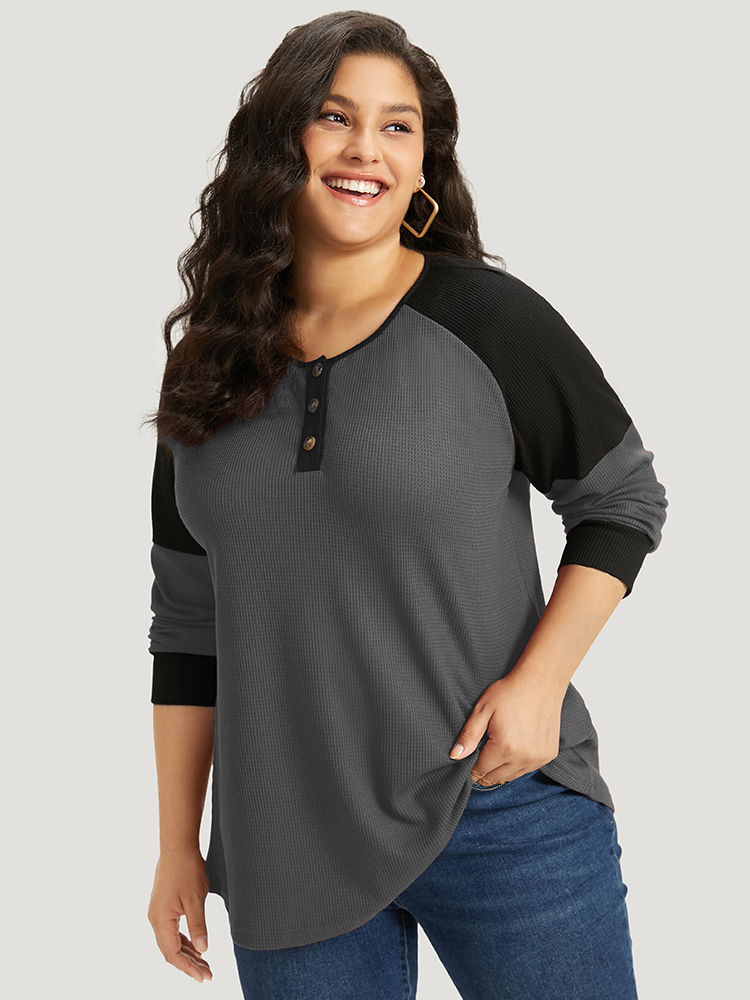 

Plus Size Waffle Knit Two Tone Raglan Sleeve T-shirt Gray Women Casual Elastic cuffs Plain Open Front Dailywear T-shirts BloomChic