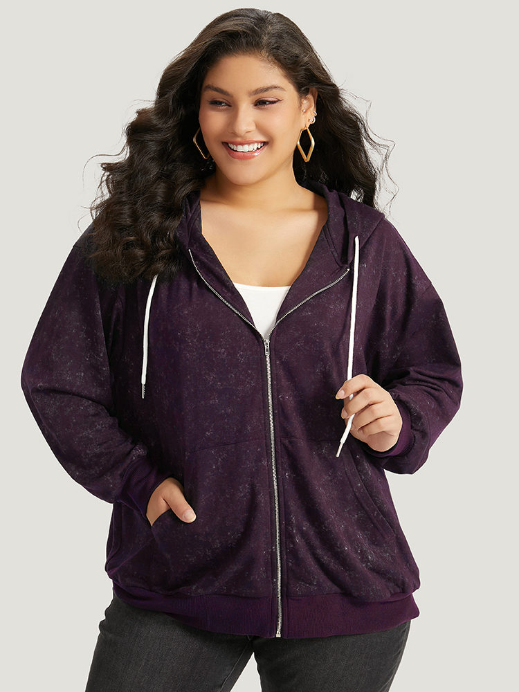 

Plus Size Heather Hooded Drawstring Pocket Zipper Fly Sweatshirt Women Purple Casual Elastic cuffs Hooded Everyday Sweatshirts BloomChic