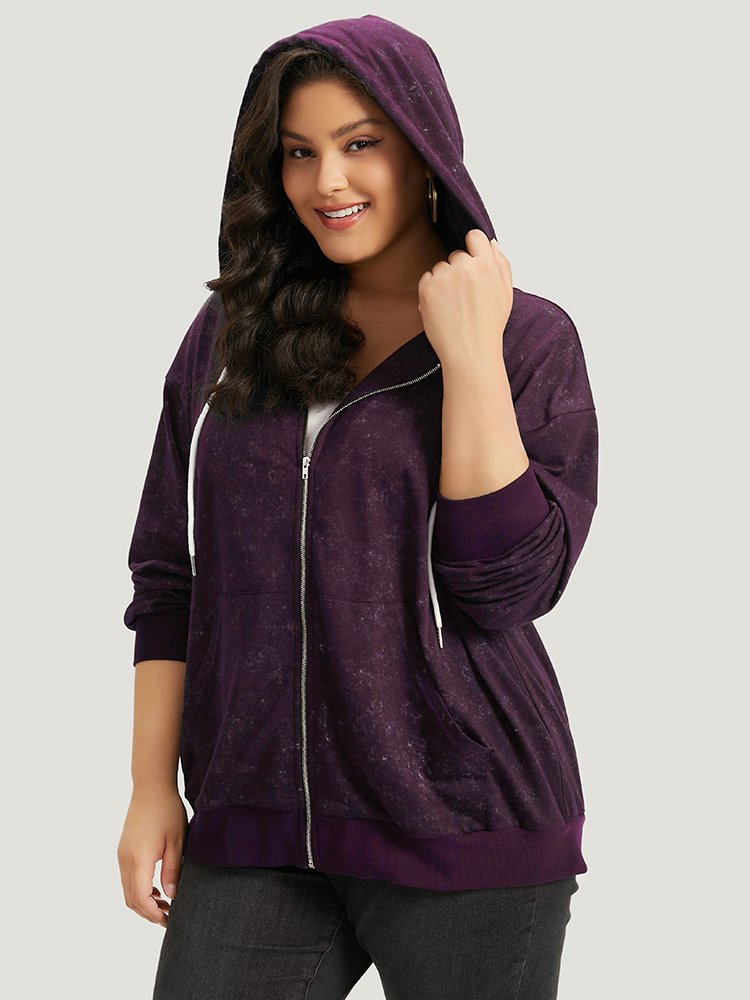 

Plus Size Heather Hooded Drawstring Pocket Zipper Fly Sweatshirt Women Purple Casual Elastic cuffs Hooded Everyday Sweatshirts BloomChic