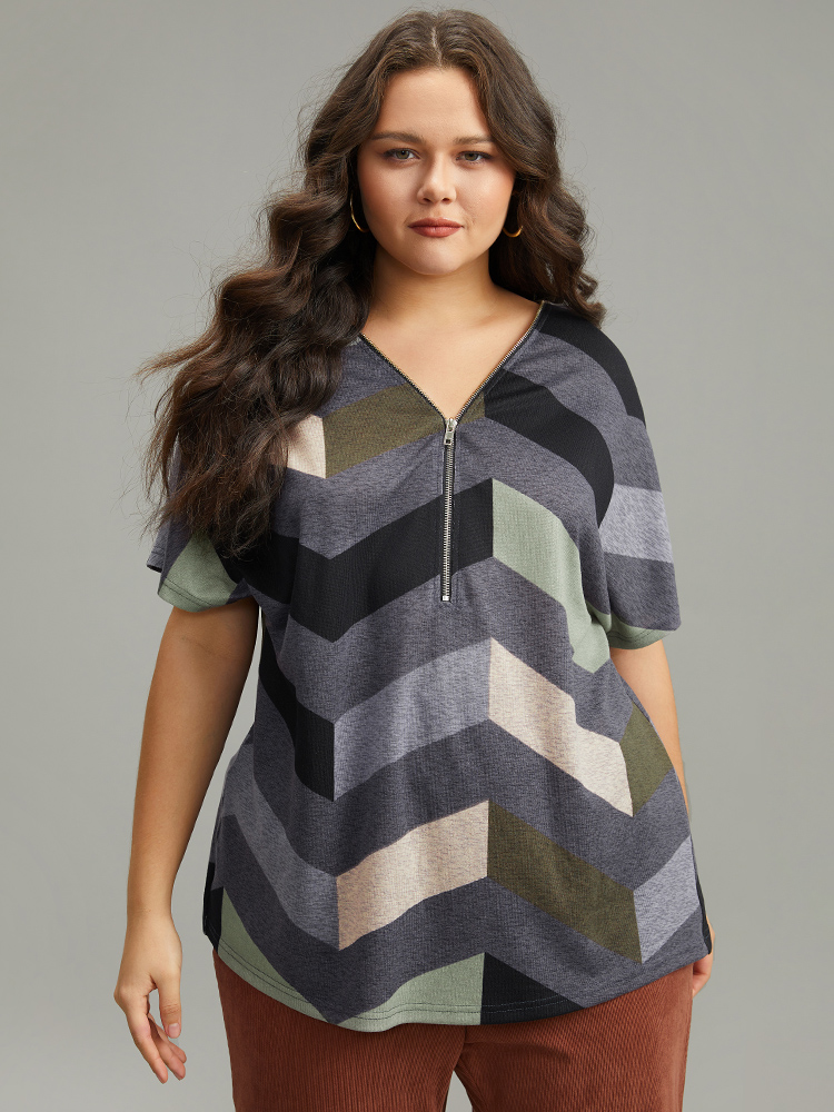 

Plus Size Striped Zipper Batwing Sleeve T-shirt Gray Women Casual Zipper Striped V-neck Dailywear T-shirts BloomChic