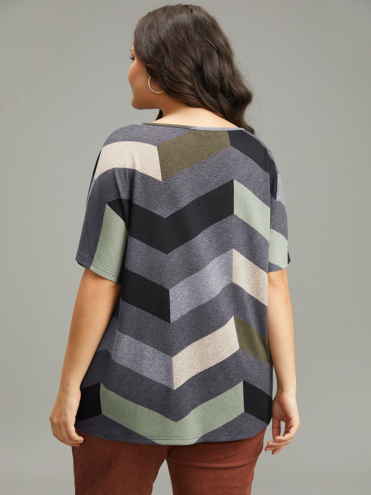 Plus Size Striped Zipper Batwing Sleeve T-shirt Gray Women Casual Zipper Striped V-neck Dailywear T-shirts BloomChic 14-16/1X 