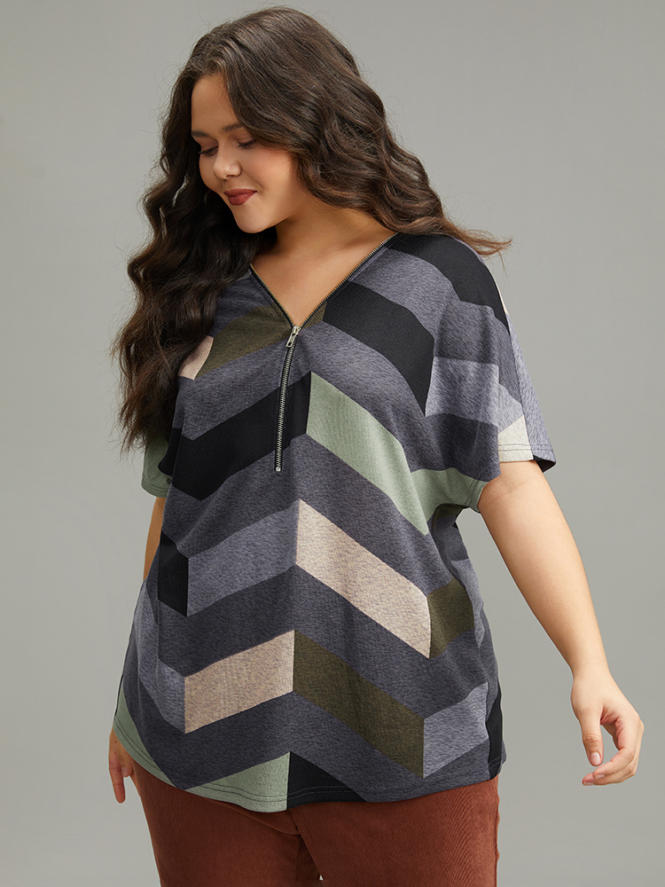 Plus Size Striped Zipper Batwing Sleeve T-shirt Gray Women Casual Zipper Striped V-neck Dailywear T-shirts BloomChic 14-16/1X 