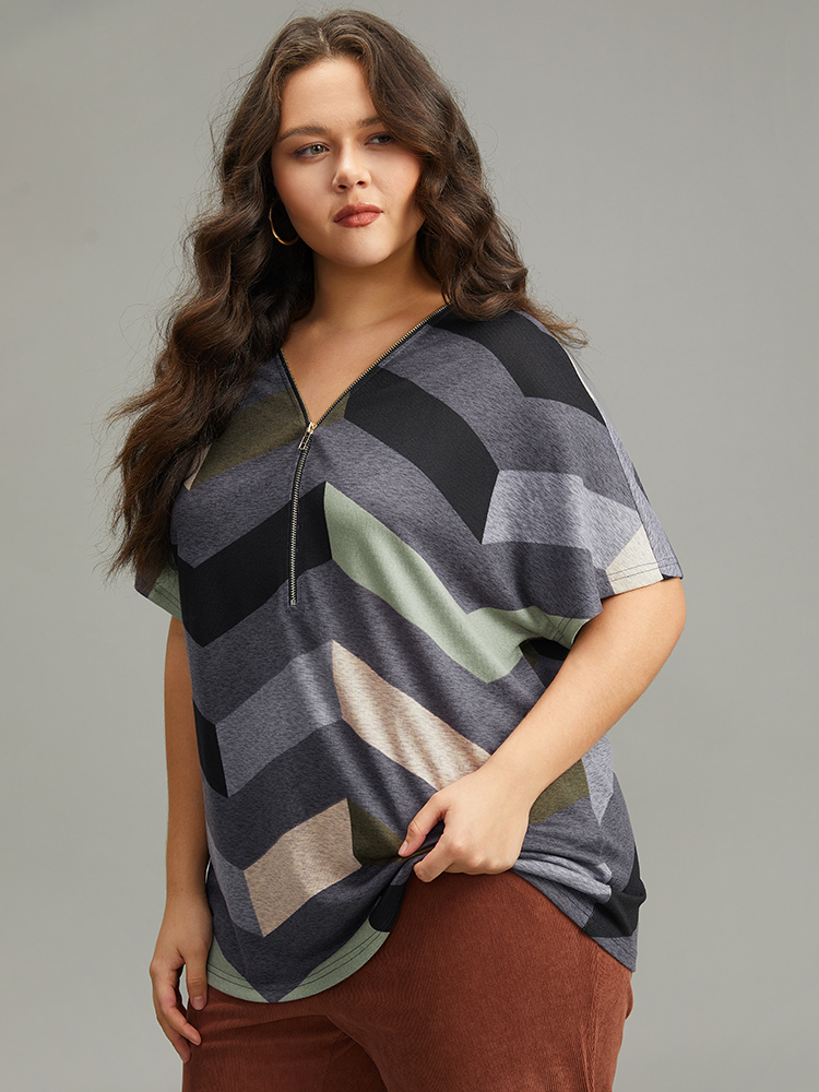 Plus Size Striped Zipper Batwing Sleeve T-shirt Gray Women Casual Zipper Striped V-neck Dailywear T-shirts BloomChic 14-16/1X 