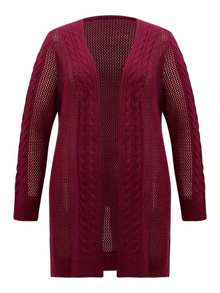 

Plus Size Plain Cable Knit Eyelet Open Front Cardigan Scarlet Women Casual Loose Long Sleeve Dailywear Cardigans BloomChic