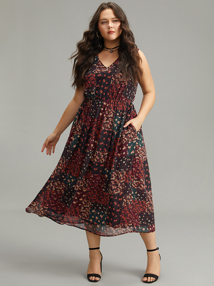 

Plus Size Floral Print Pocket Contrast Tank Dress Scarlet Women Vacation Printed V-neck Sleeveless Curvy Midi Dress BloomChic