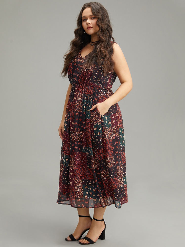 Plus Size Floral Print Pocket Contrast Tank Dress Scarlet Women Vacation Printed V-neck Sleeveless Curvy Midi Dress BloomChic 22-24/3X 