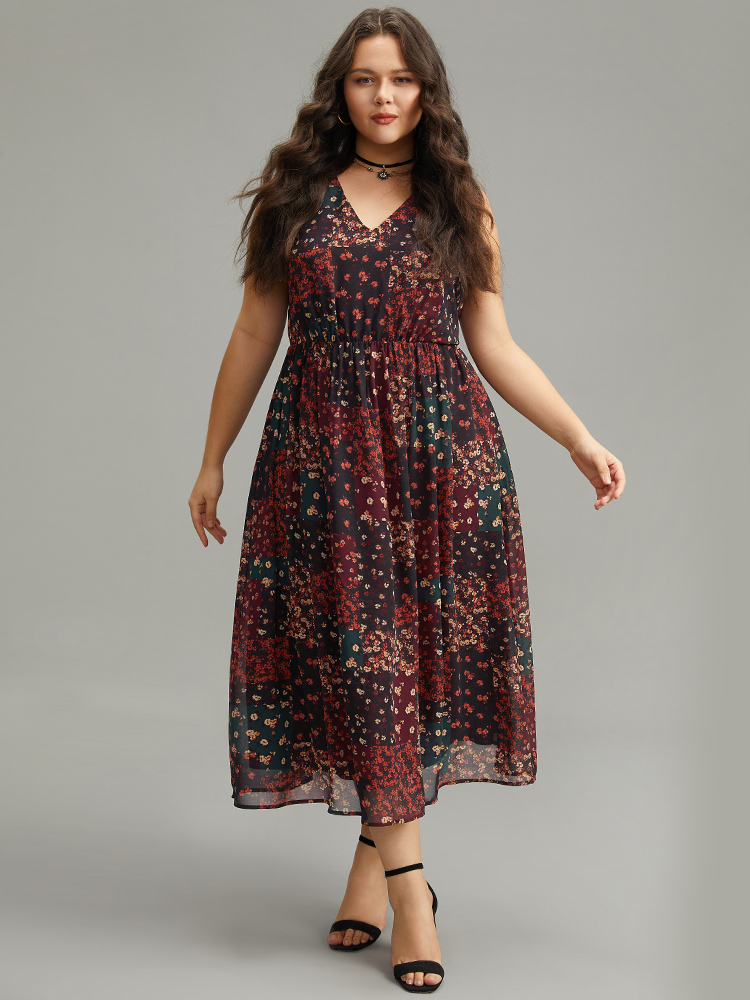 

Plus Size Floral Print Pocket Contrast Tank Dress Scarlet Women Vacation Printed V-neck Sleeveless Curvy Midi Dress BloomChic