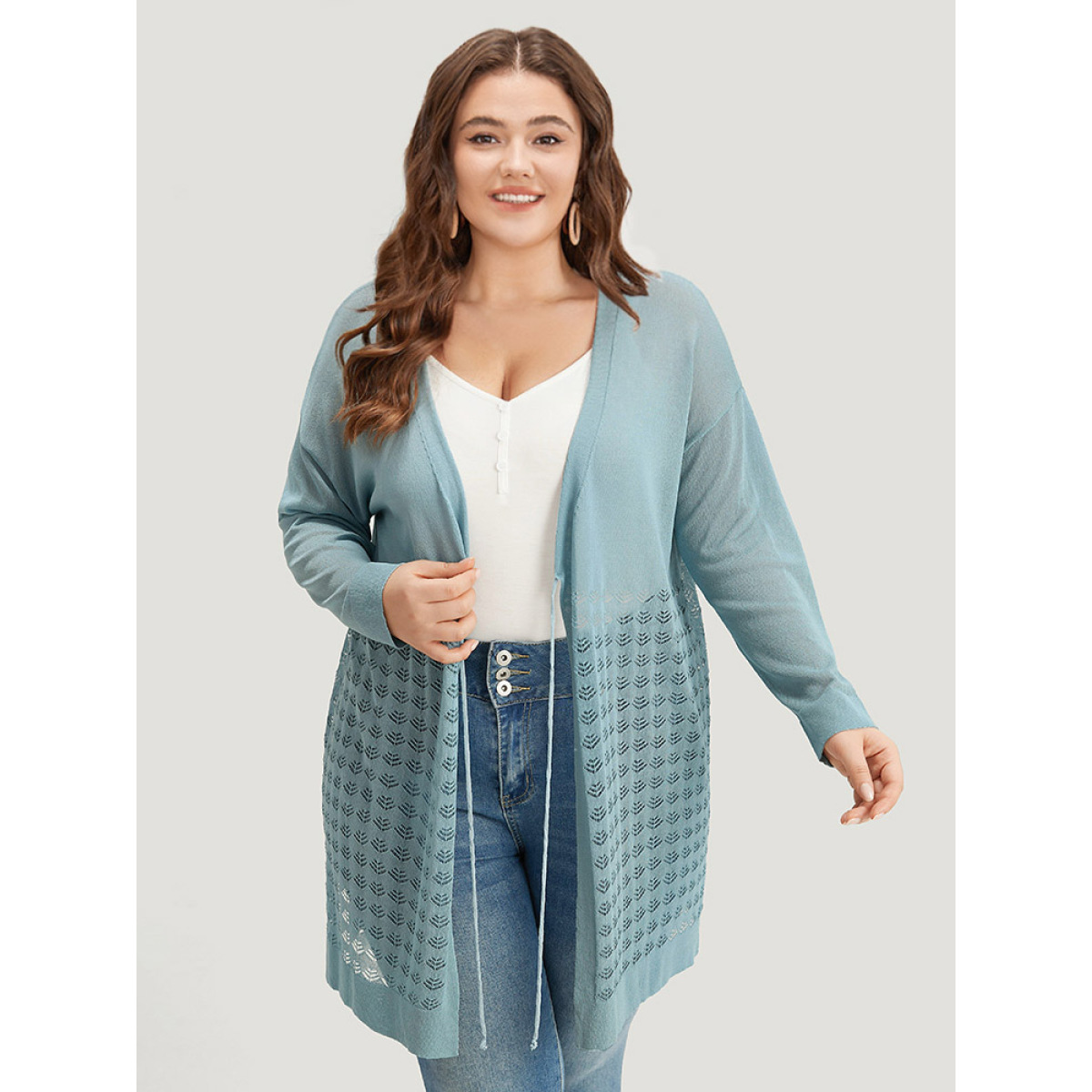 

Plus Size Solid Ties Front Geo Eyelet Cardigan Mint Women Casual Loose Long Sleeve Everyday Cardigans BloomChic
