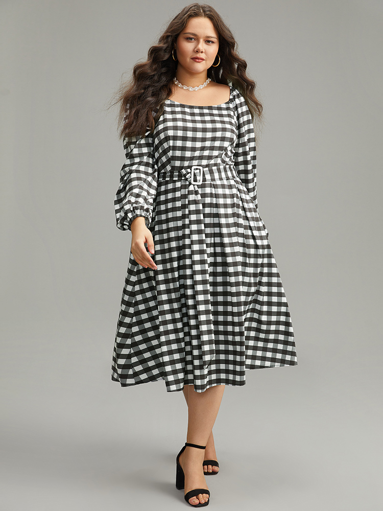 

Plus Size Halloween Plaid Print Belted Square Neck Lantern Sleeve Dress Black Women Elegant Elastic cuffs Square Neck Long Sleeve Curvy Midi Dress BloomChic