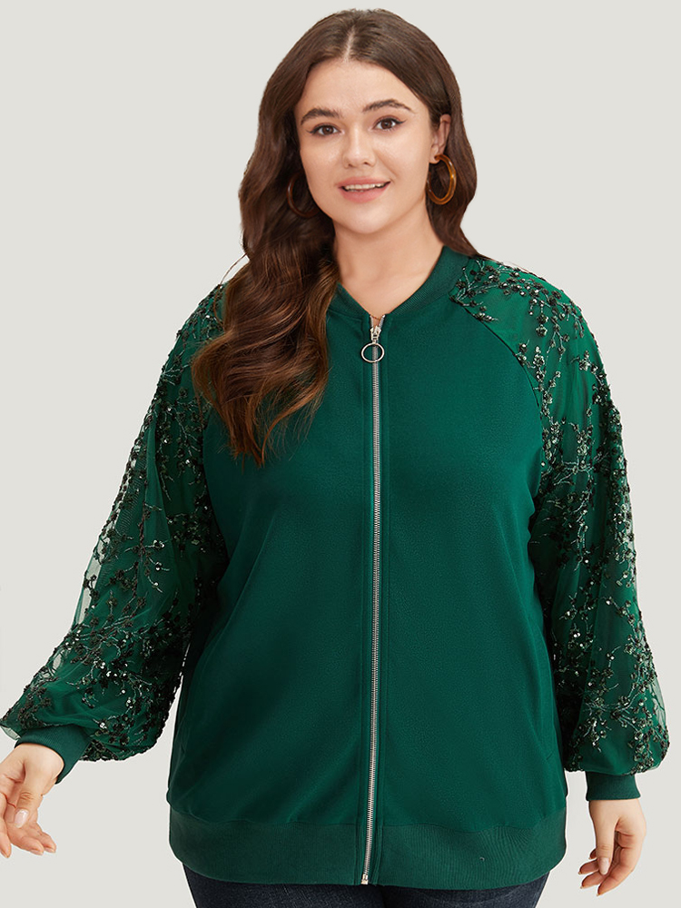 

Plus Size Embroidered Patchwork Mesh Zipper Jacket Women Green Elastic cuffs Dailywear Jackets BloomChic