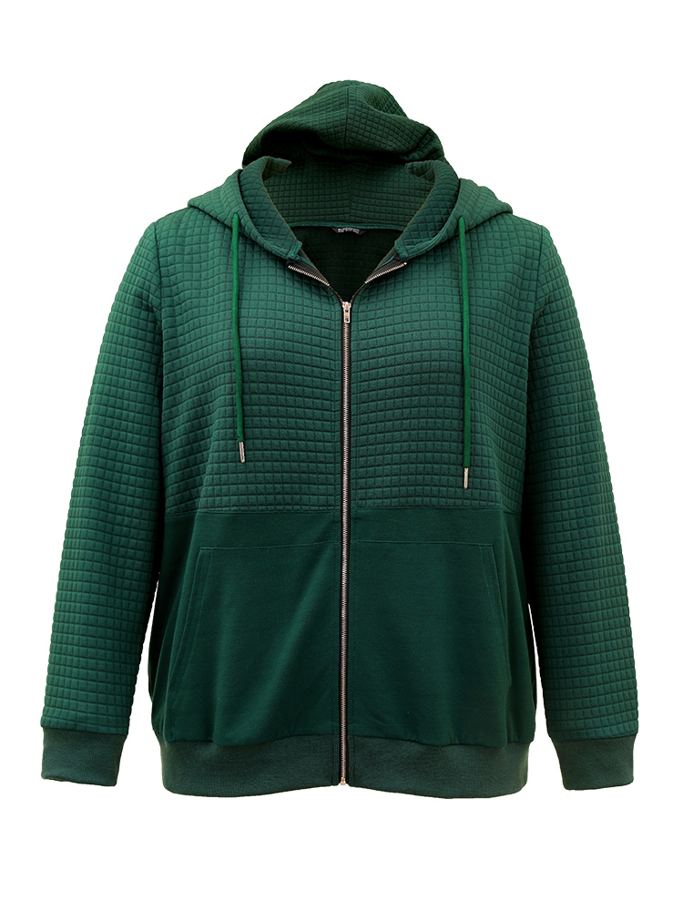 Plus Size Plain Texture Pocket Zipper, Sweatshirt Women DarkGreen Casual Elastic cuffs Hooded Dailywear Sweatshirts BloomChic 14-16/1X 